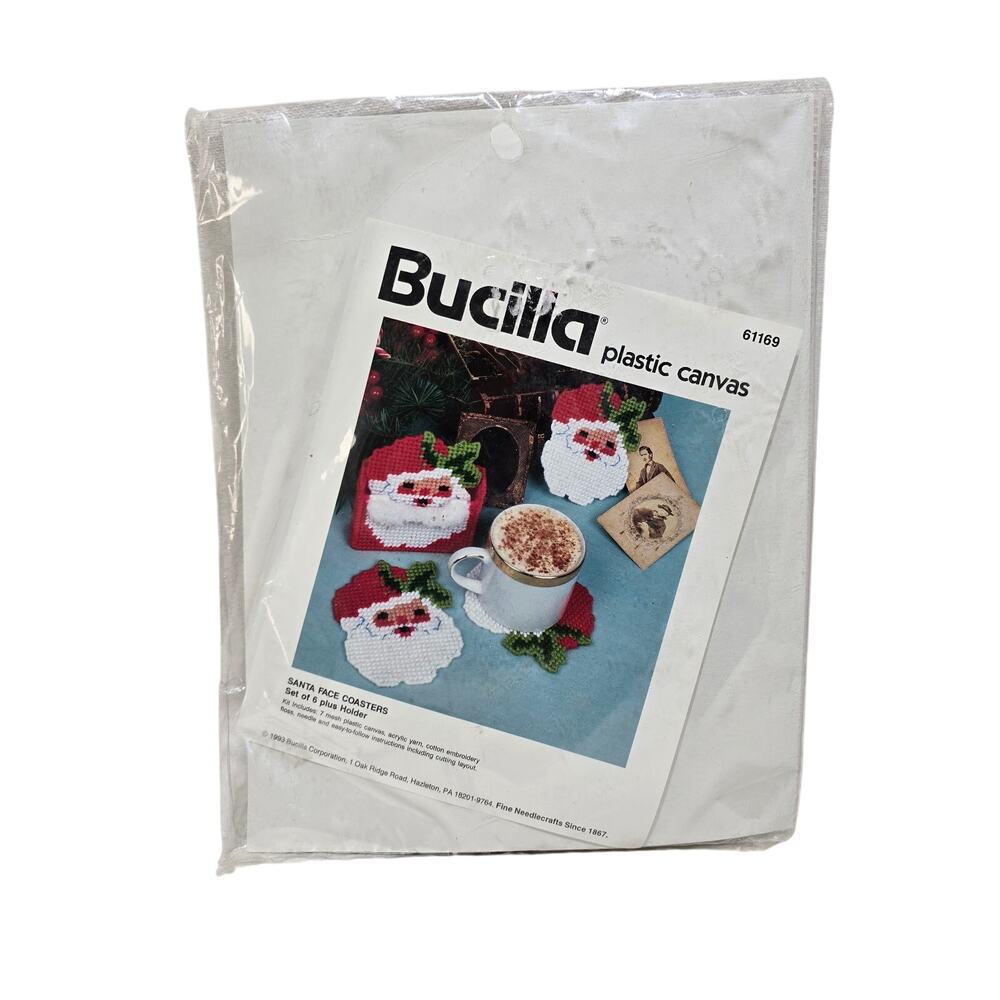 Vtg‎ Bucilla Plastic Canvas SANTA FACE COASTER Set of 6 Plus Holder Kit 61169